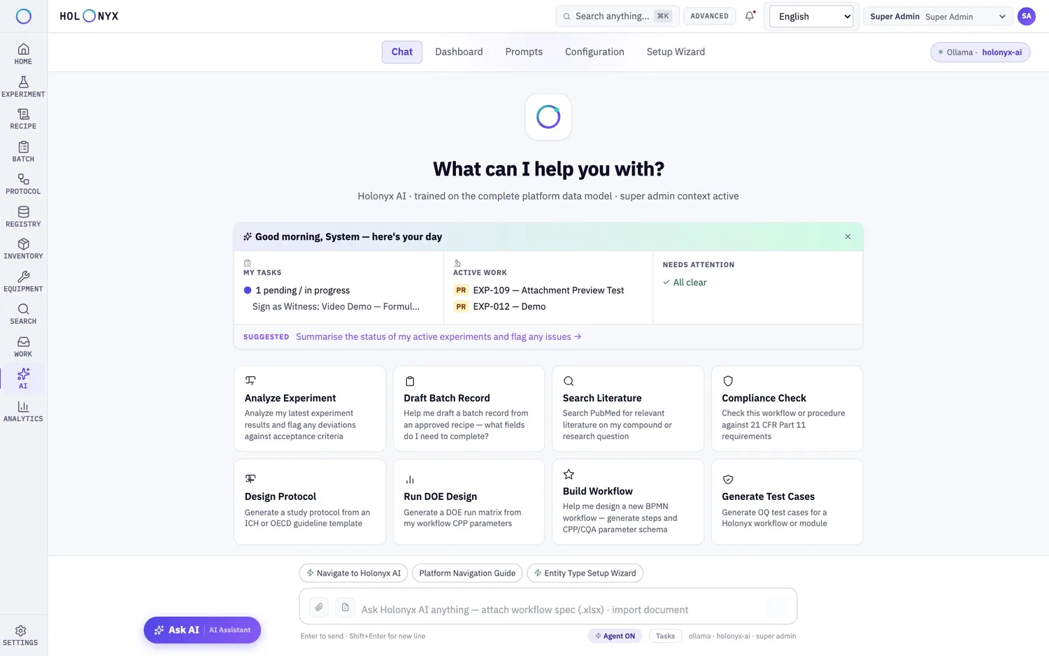 Holonyx AI home with daily brief and suggested actions