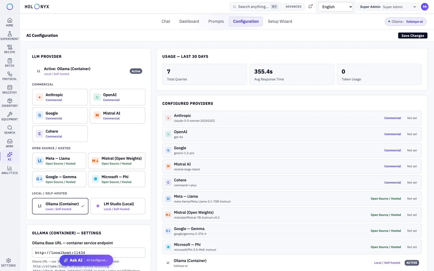 AI configuration with local and commercial providers