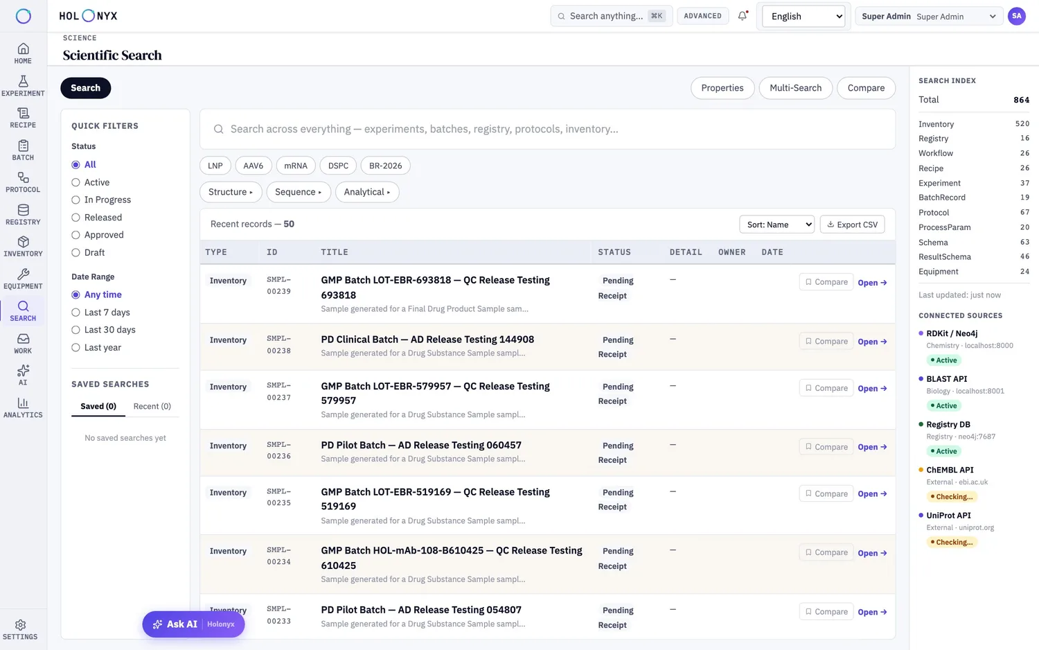 Scientific search across experiments, batches and inventory