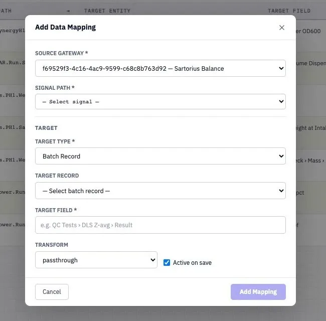 Data mapping dialog for an instrument gateway