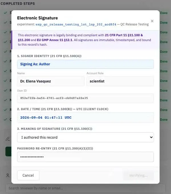 Electronic signature dialog citing 21 CFR Part 11