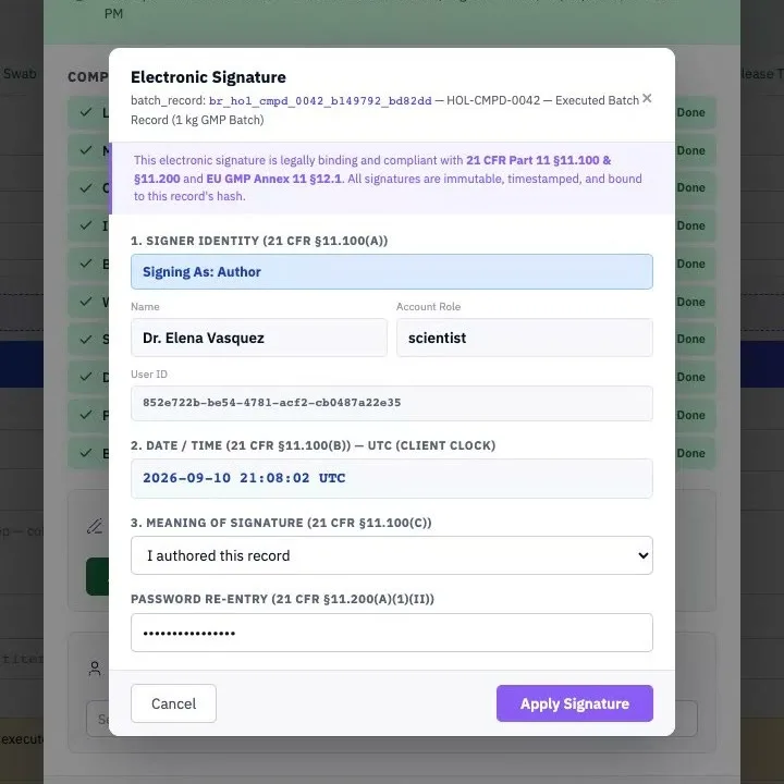 Electronic signature dialog at batch release