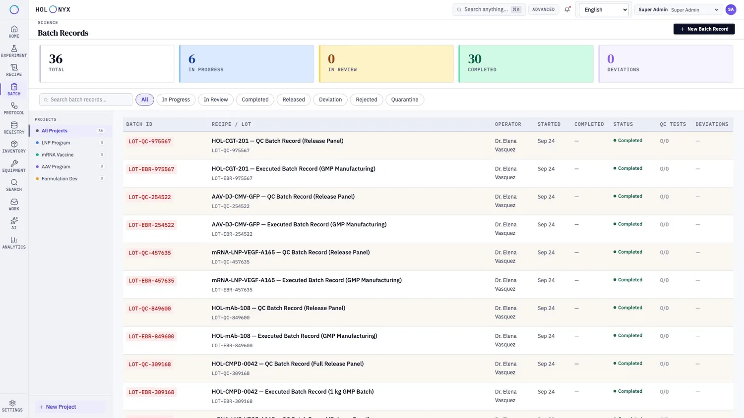 Batch records list with status roll-up
