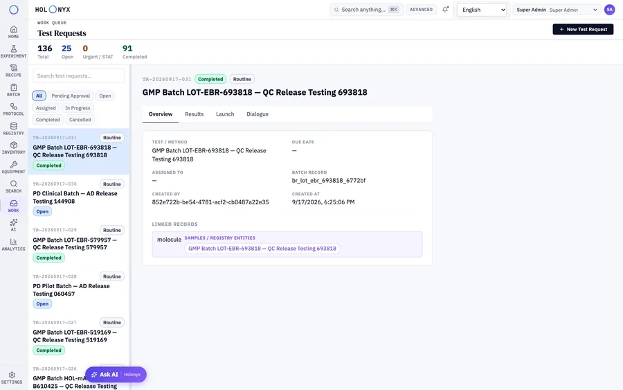 Test requests queue with a completed QC release request open