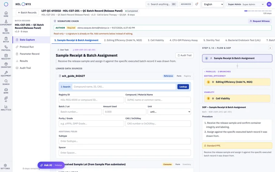 Batch execution runner with steps, signature chain and SOP panel