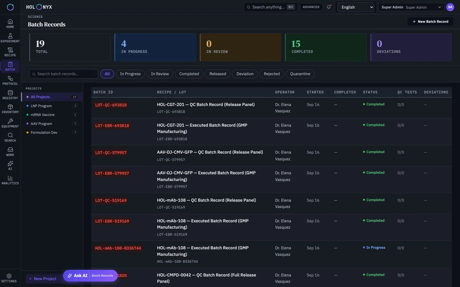 Holonyx in dark theme showing batch records