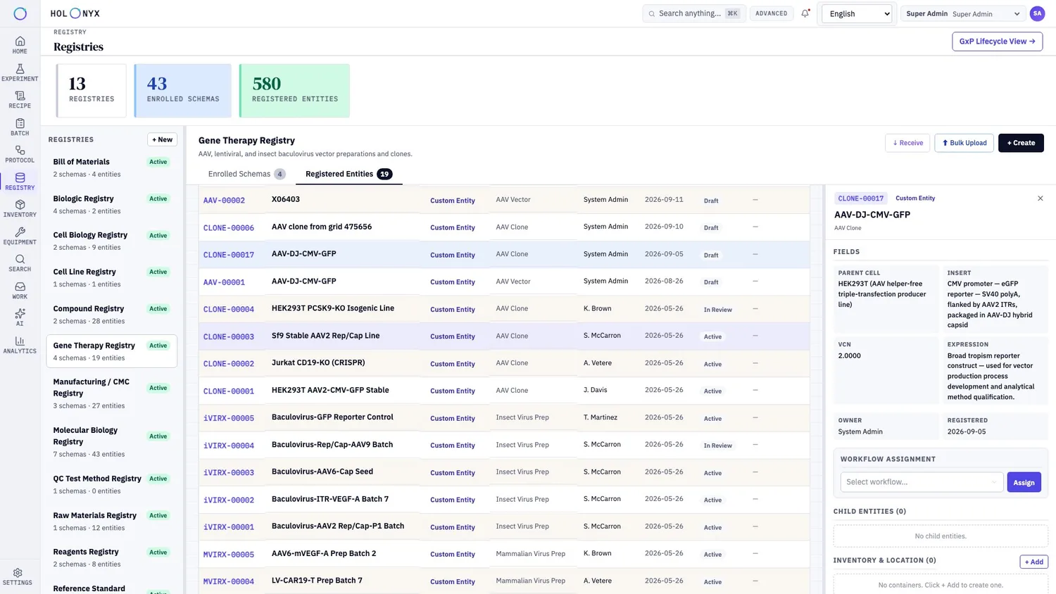 A registry of entities with the selected entity's details