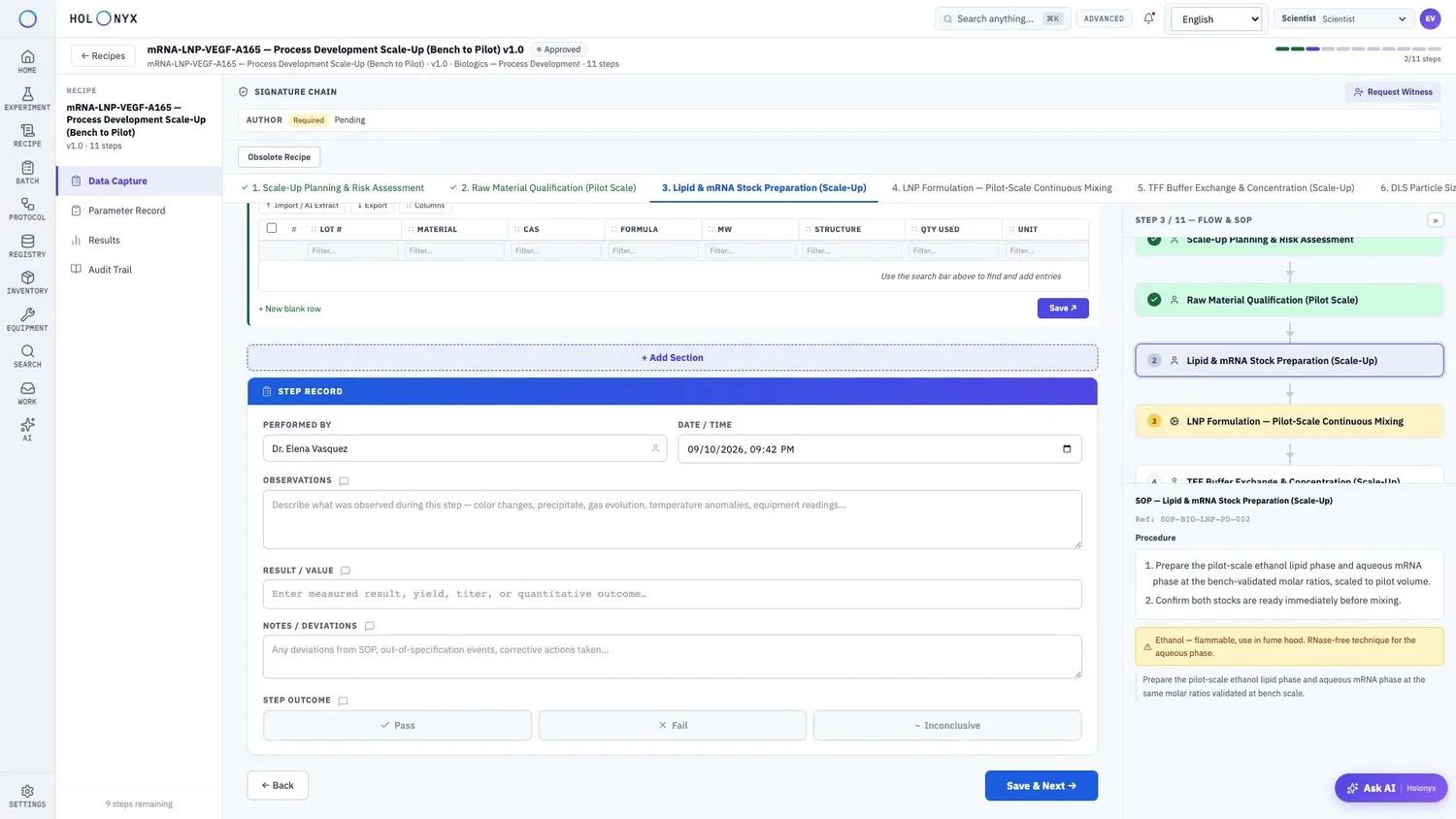 Recipe execution with step navigation and SOP panel