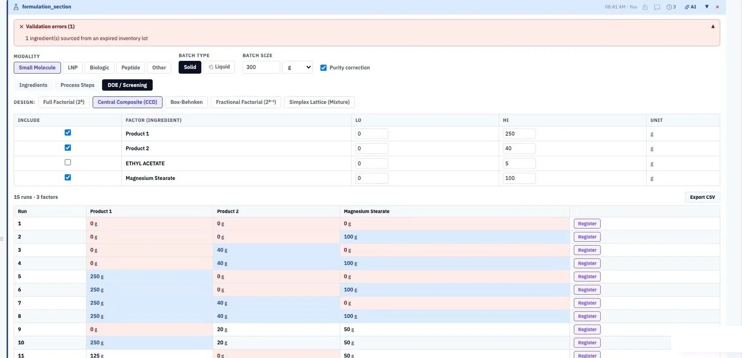 Design of experiments tab with a central composite run matrix