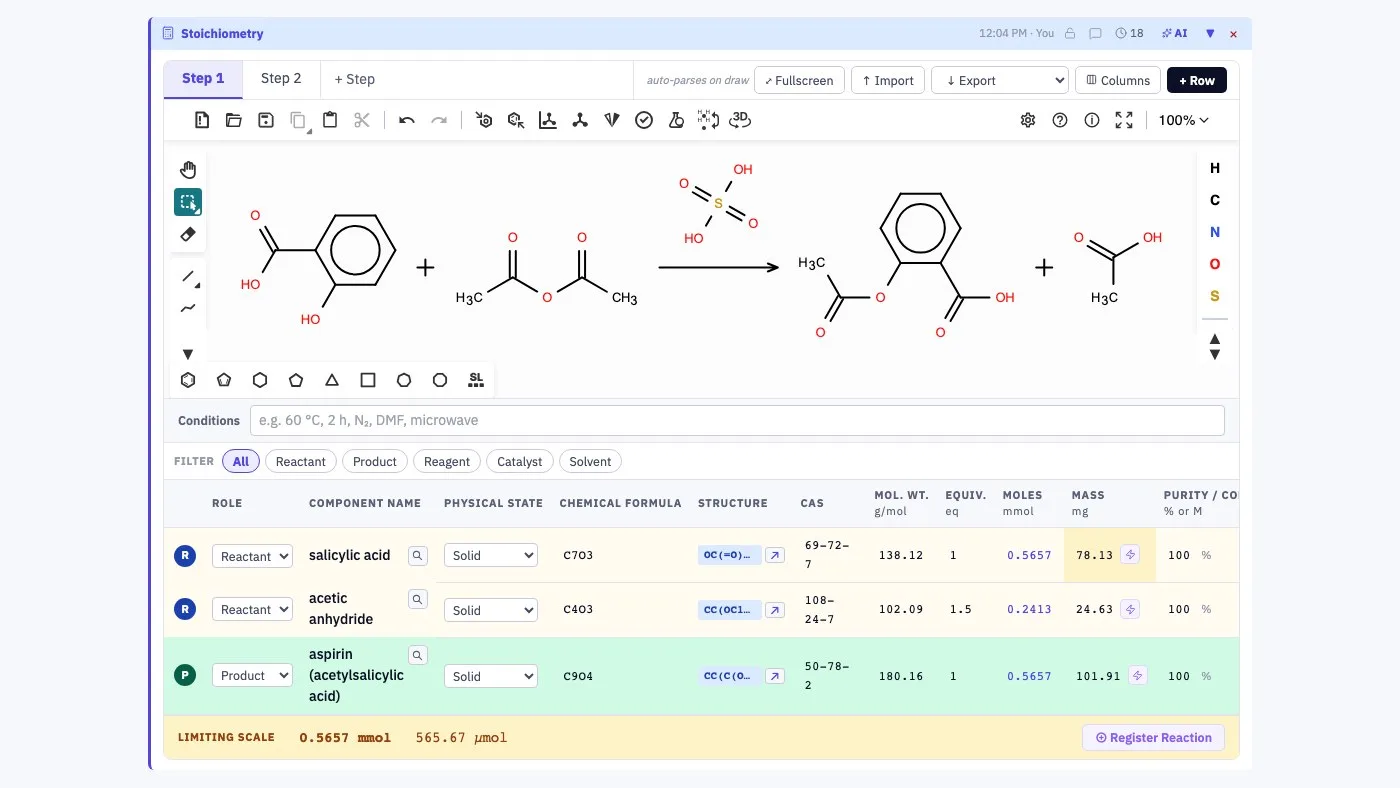 Stoichiometry section with a reaction scheme and reagent table