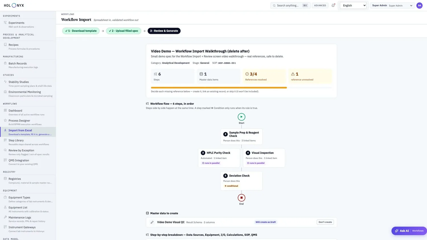 Workflow import review screen